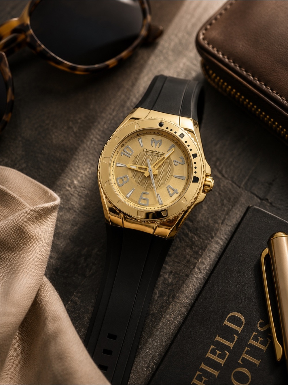 TechnoMarine Lusso Mare Gold Tone Watch Black Silicone Strap NWT